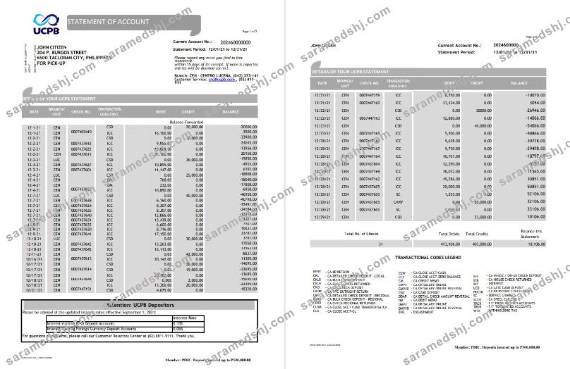 Philippines UCPB bank statement